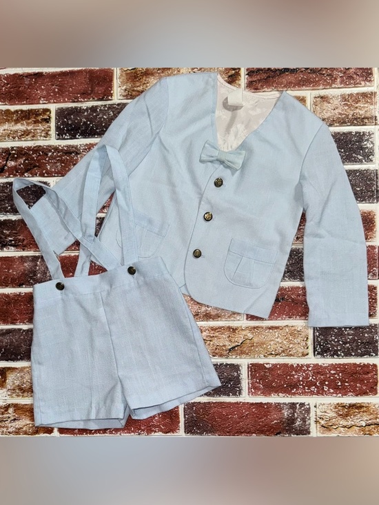 Vintage Other - Vintage Blue Linen 3pc suspender shorts & blazer suit set fits 3t 19” sts boys
